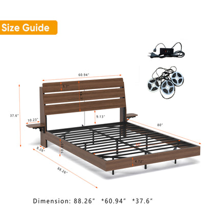 Modern walnut floating queen bed frame with slatted headboard, USB charging, and LED lighting.