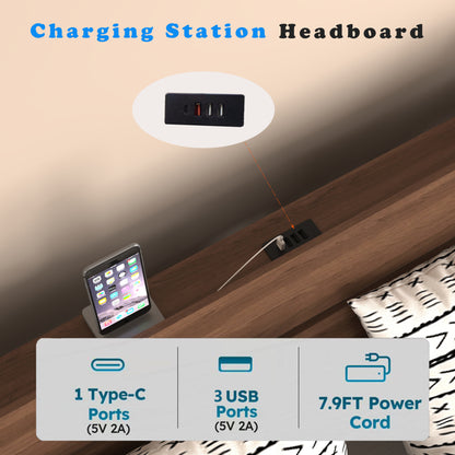 Modern walnut floating queen bed with built-in USB charging station and smart LED lighting.