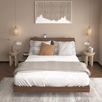 Modern walnut floating queen bed with built-in USB charging, smart LED lighting, and storage headboard.