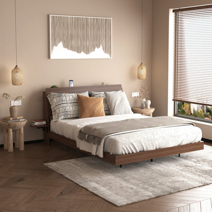 Modern walnut floating queen bed with built-in USB charging, smart LED lighting, and storage headboard.