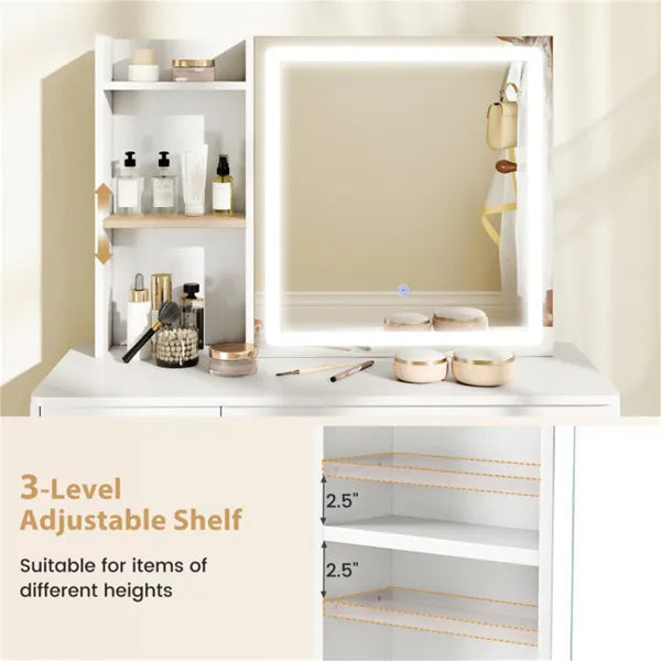 White modern vanity desk with LED-lit sliding mirror, adjustable side shelves, and beauty products.