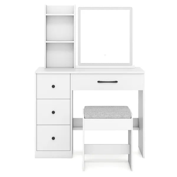 Modern white vanity desk with LED mirror, sliding storage, three drawers, and a cushioned stool.