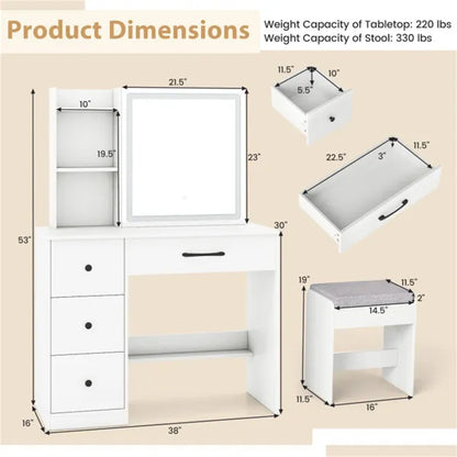 White vanity desk with LED mirror, side shelves, 4 drawers, and a matching cushioned stool, with dimensions.