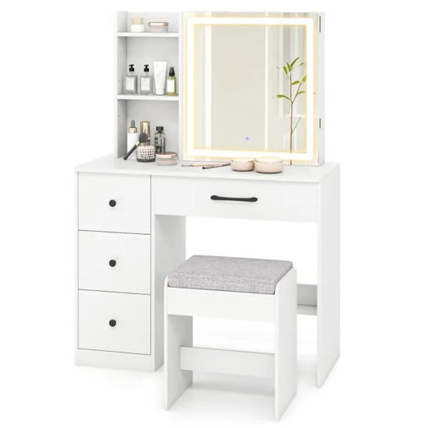 Modern white vanity desk with sliding LED mirror, side shelves, 4 drawers, and a cushioned stool.