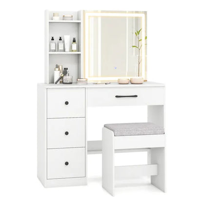 Modern white vanity desk with LED mirror, sliding storage, three drawers, and matching cushioned stool.