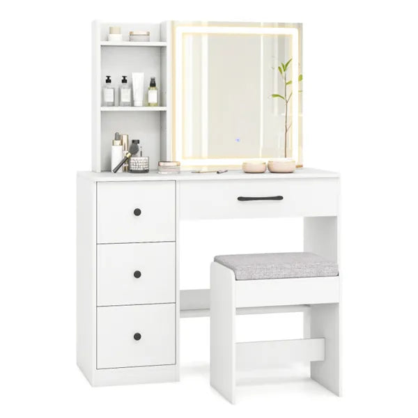 Modern white vanity desk with sliding LED mirror, side shelves, 4 drawers, and a gray cushioned stool.