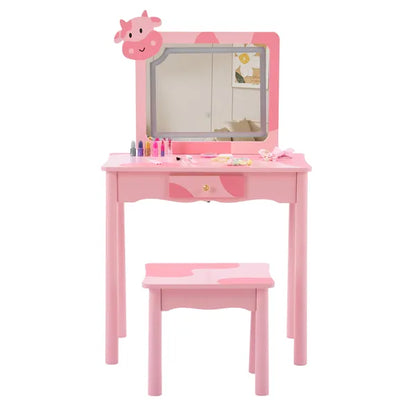 Pink cow print kids dressing table with LED mirror, solid wood legs, and storage drawer.