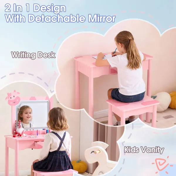 Pink cow print kids dressing table with detachable LED mirror, solid wood legs, and storage drawer.
