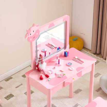 Pink cow print kids dressing table with LED mirror, solid wood legs, and storage drawer.