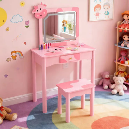 Pink cow print kids dressing table with LED mirror, solid wood legs, and storage drawer.