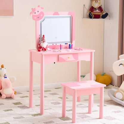 Pink cow print kids dressing table with LED mirror, solid wood legs, and storage drawer, with matching stool.