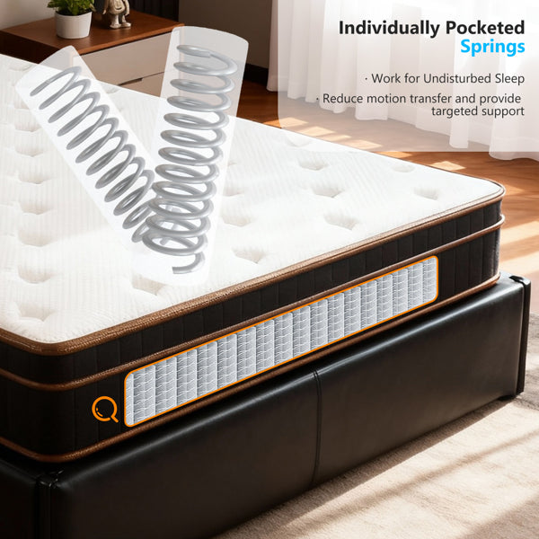 12-inch twin hybrid spring mattress with white breathable surface, black-and-gold trim, and individually pocketed springs.