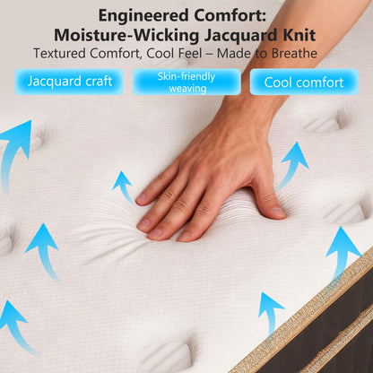 Hand pressing on a white, tufted mattress with black-and-gold trim, highlighting breathable jacquard knit.
