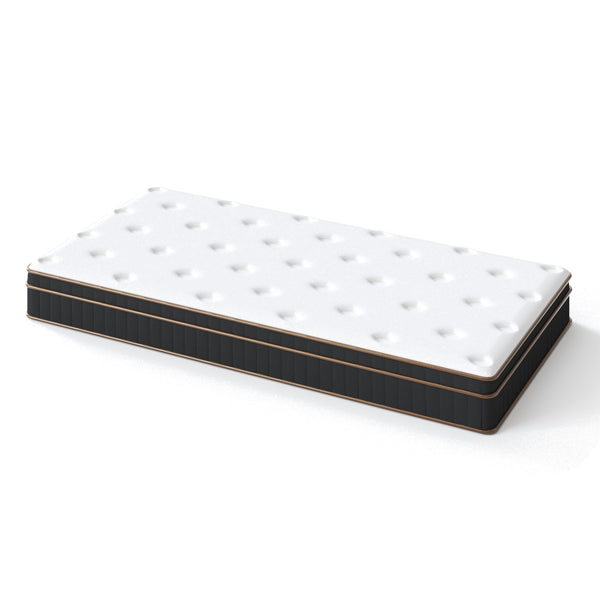 12-inch twin spring mattress with white breathable surface, black sides, and gold trim.
