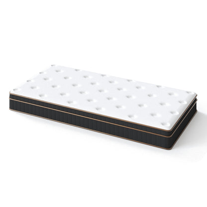 12-inch twin spring mattress with white breathable surface, black sides, and gold trim.