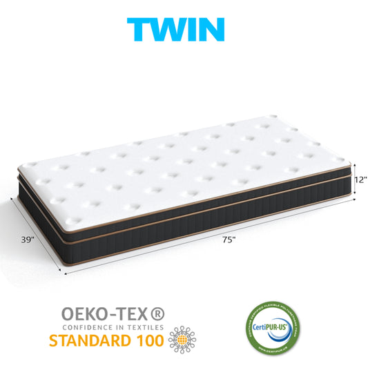 12-inch twin mattress with white breathable surface, black side panels, and gold trim.