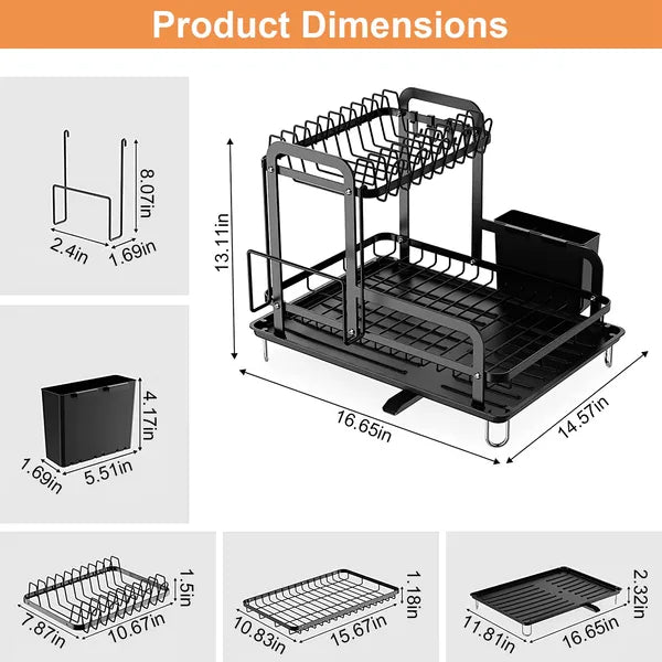 Black 2-tier dish drying rack with drainboard, utensil holder, and dimensions.