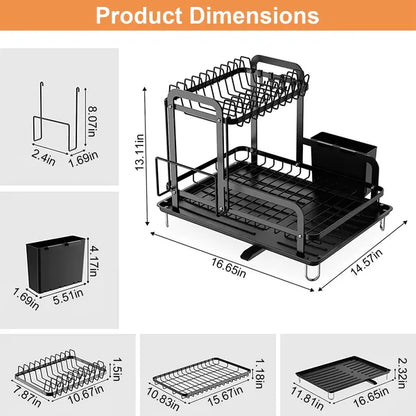 Black 2-tier dish drying rack with drainboard, utensil holder, and dimensions.