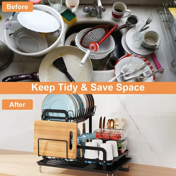 Black 2-tier dish drying rack with drainboard, holding plates, cups, and utensils, shown in a tidy kitchen.