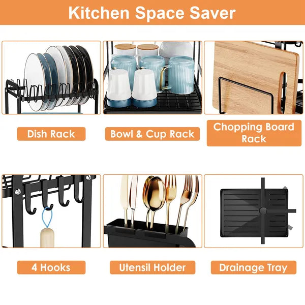 Black 2-tier dish drying rack with dish, cup, chopping board racks, hooks, utensil holder, and drainage tray.