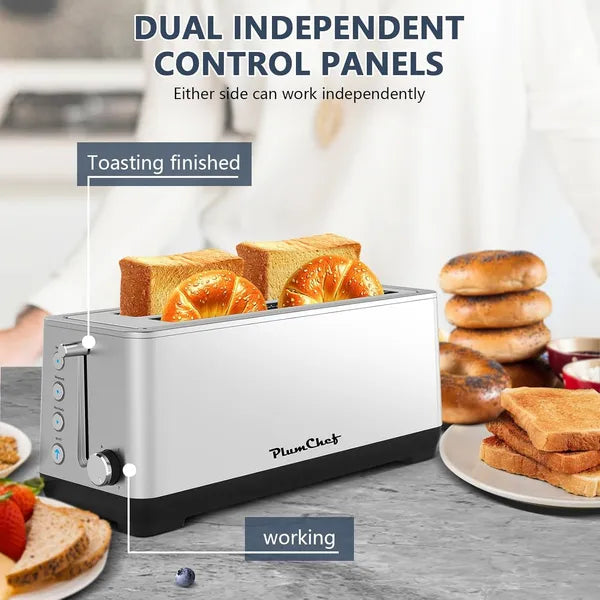 Silver stainless steel 4-slice long slot toaster with dual controls, toasting bread and bagels.