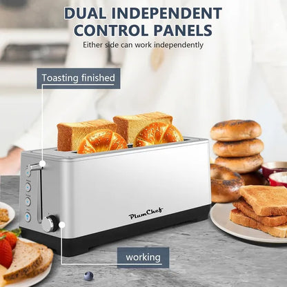 Silver stainless steel 4-slice long slot toaster with dual controls, toasting bread and bagels.
