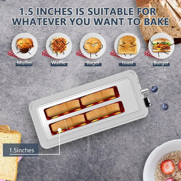 White 4-slice long slot toaster with 1.5-inch wide slots, toasting four bread slices.
