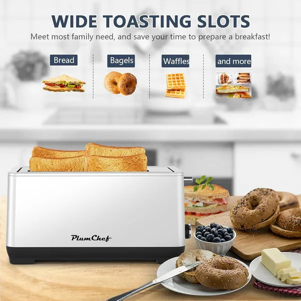 Silver stainless steel 4-slice long slot toaster with two slices of toast, surrounded by bagels, waffles, and sandwiches.
