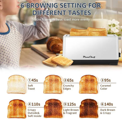 Silver stainless steel 4-slice long slot toaster with 6 browning settings, shown with toast and a child.