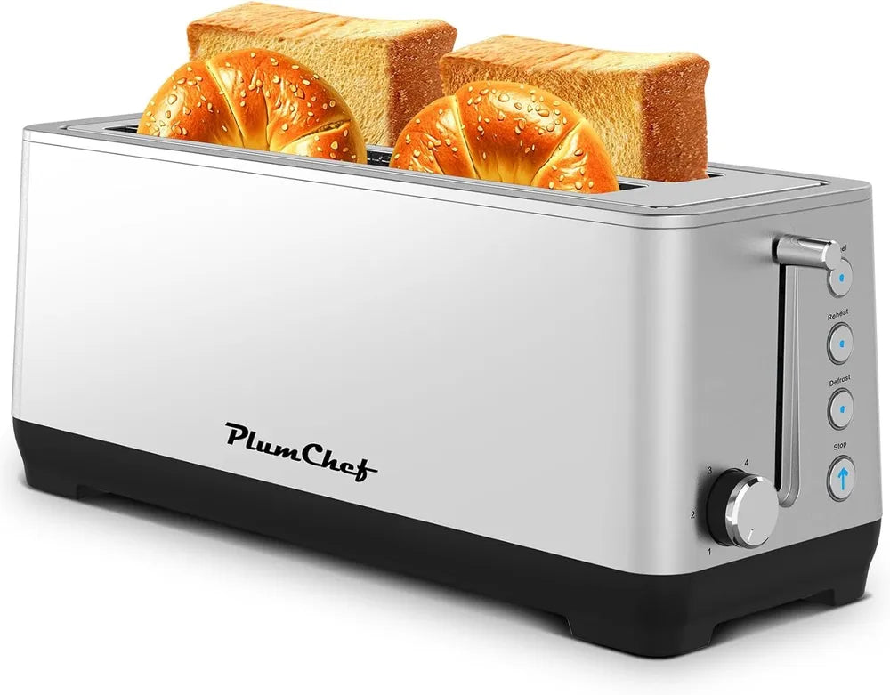 Silver stainless steel 4-slice long slot toaster with black base, toasting bread and croissants.