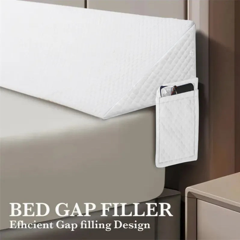 White 54-inch bed gap pillow with breathable air-layer fabric and diamond-pocket organizer for essentials.
