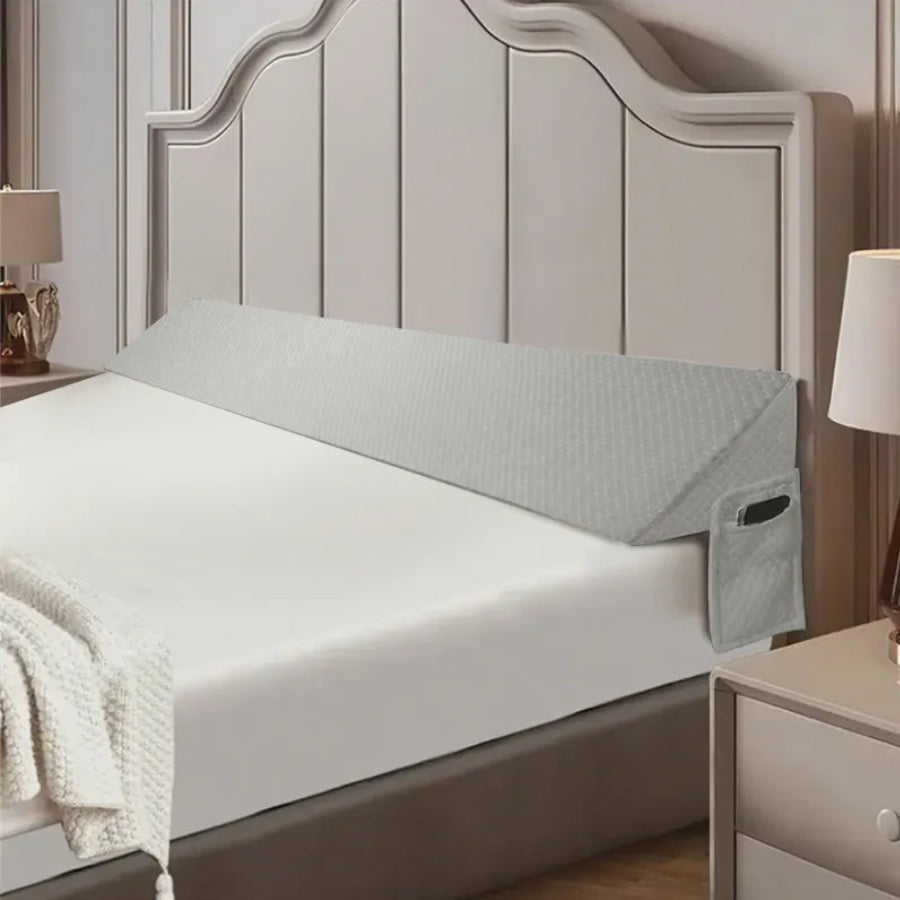 Light gray 54-inch bed gap pillow with breathable air-layer fabric and a diamond-pocket organizer.