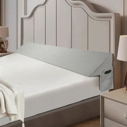 Light gray 54-inch bed gap pillow with breathable air-layer fabric and a diamond-pocket organizer.