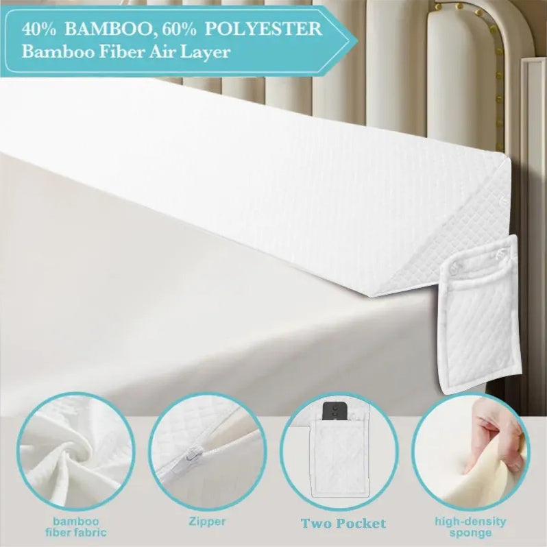 White 54-inch bed gap pillow with breathable bamboo fiber air-layer fabric and diamond-pocket organizer.