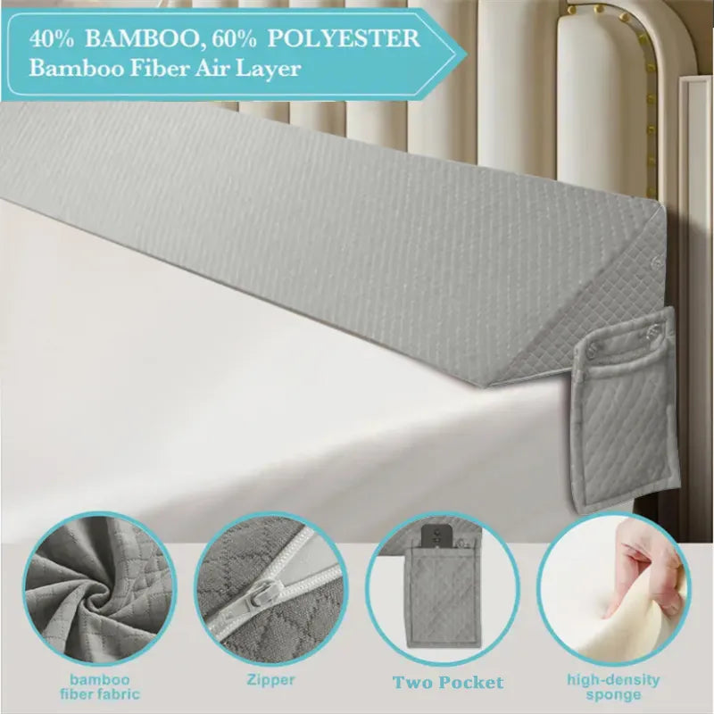 Gray 54-inch bed gap pillow with diamond-quilted bamboo fiber fabric, zipper, and two side pockets.