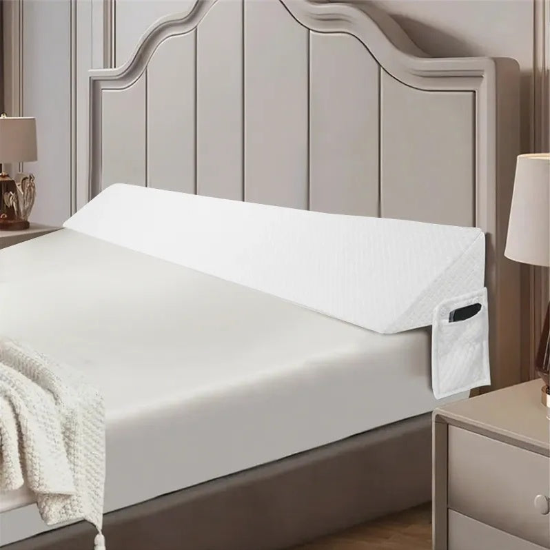 White 54-inch bed gap pillow with breathable air-layer fabric and diamond-pocket organizer.