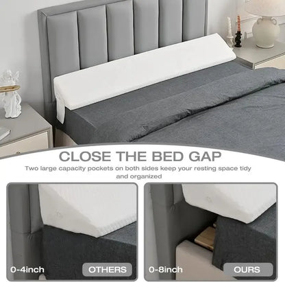 White 54-inch bed gap pillow with breathable air-layer fabric and diamond-pocket organizer, shown on a gray bed.