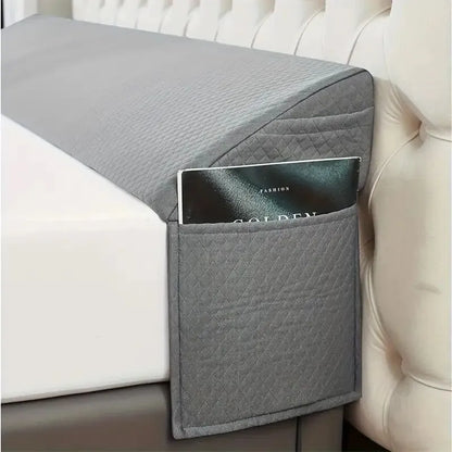 Gray 54-inch bed gap pillow with diamond-quilted air-layer fabric and a side pocket holding a magazine.