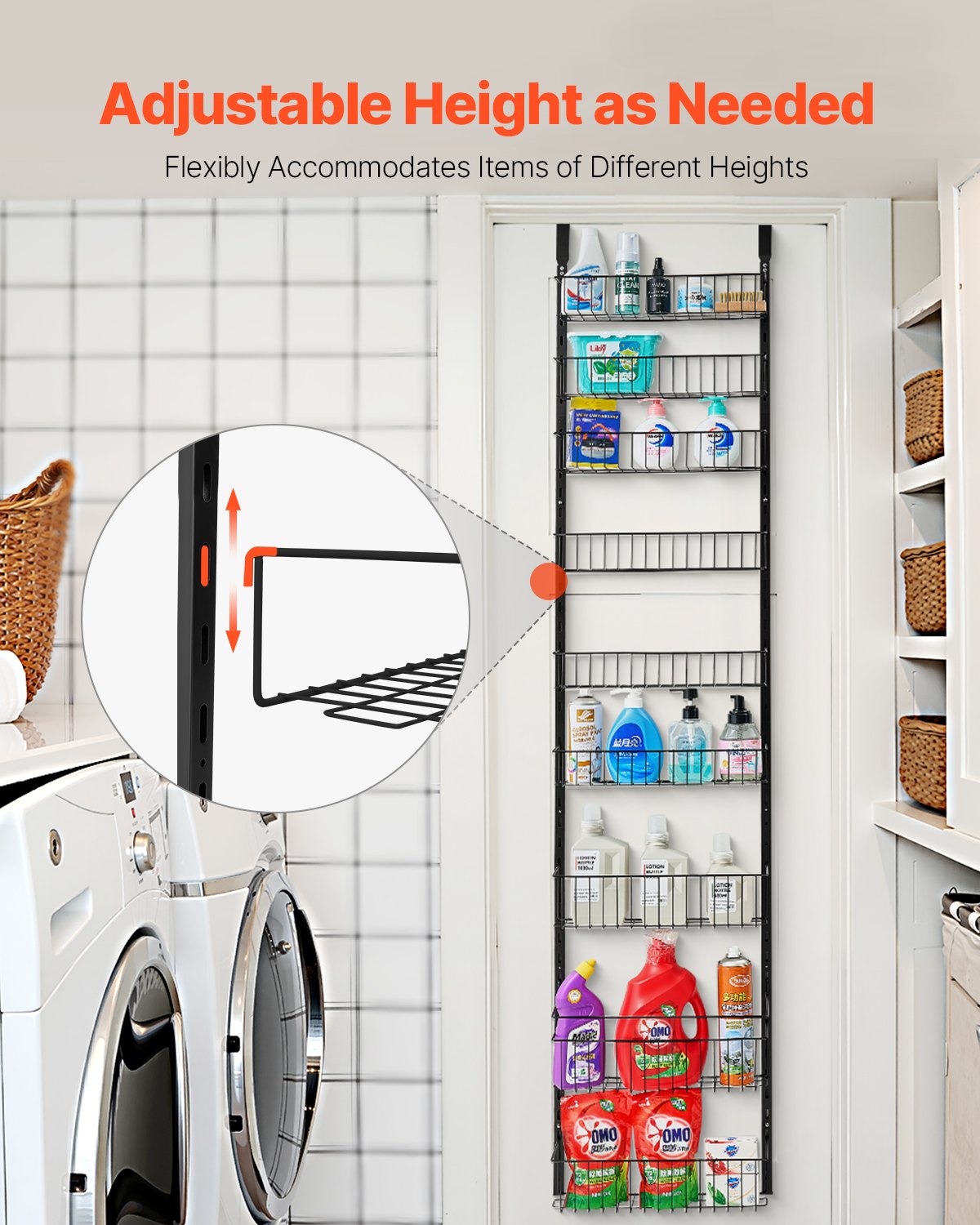Black 9-tier adjustable over-door hanging storage system with mesh baskets, filled with cleaning supplies in a laundry room.