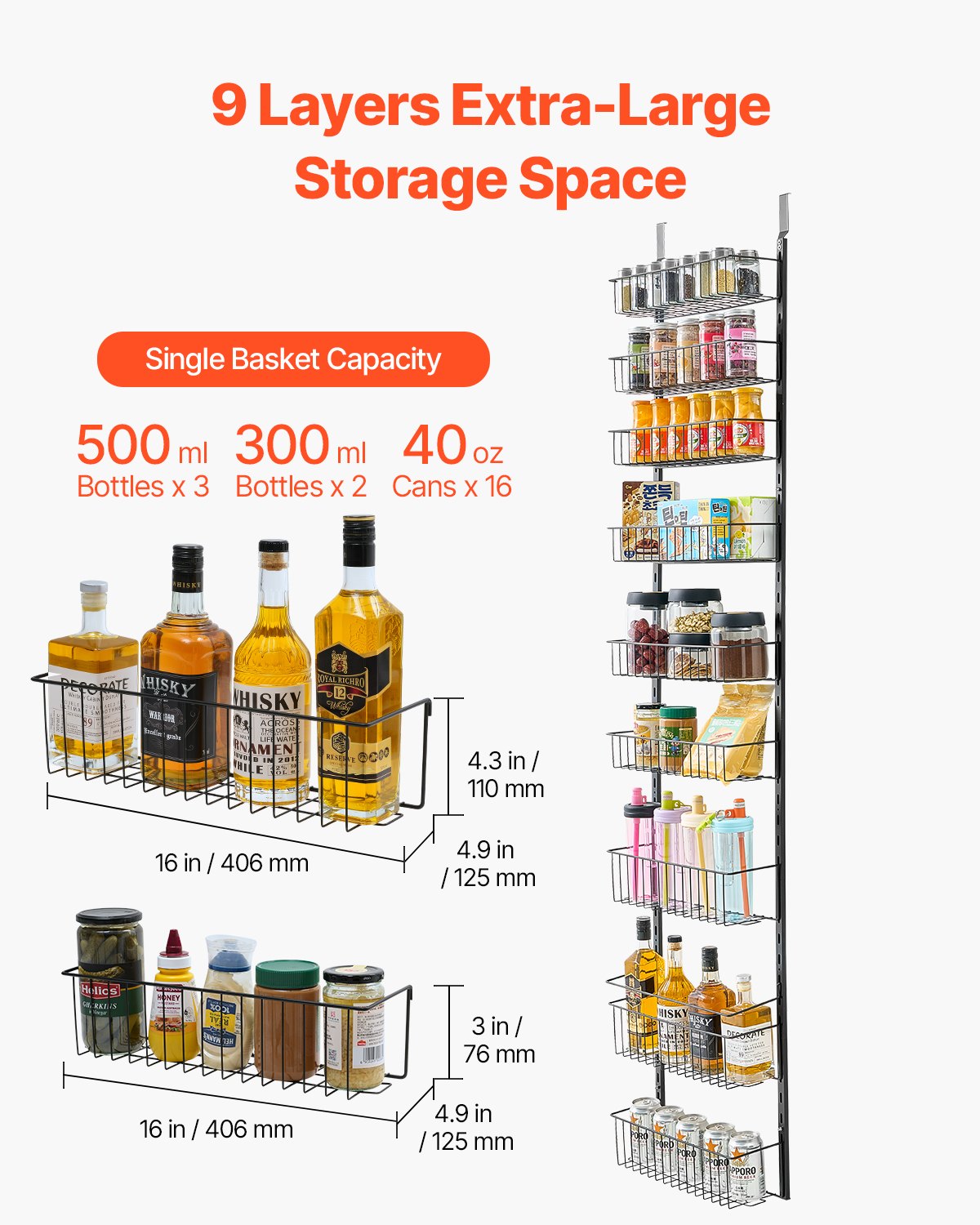 Black 9-tier heavy-duty over-door pantry organizer with adjustable wire baskets holding spices, bottles, and cans.