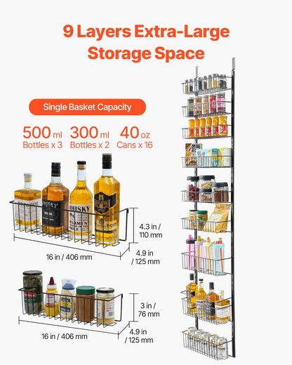 Black 9-tier heavy-duty over-door pantry organizer with adjustable wire baskets holding spices, bottles, and cans.