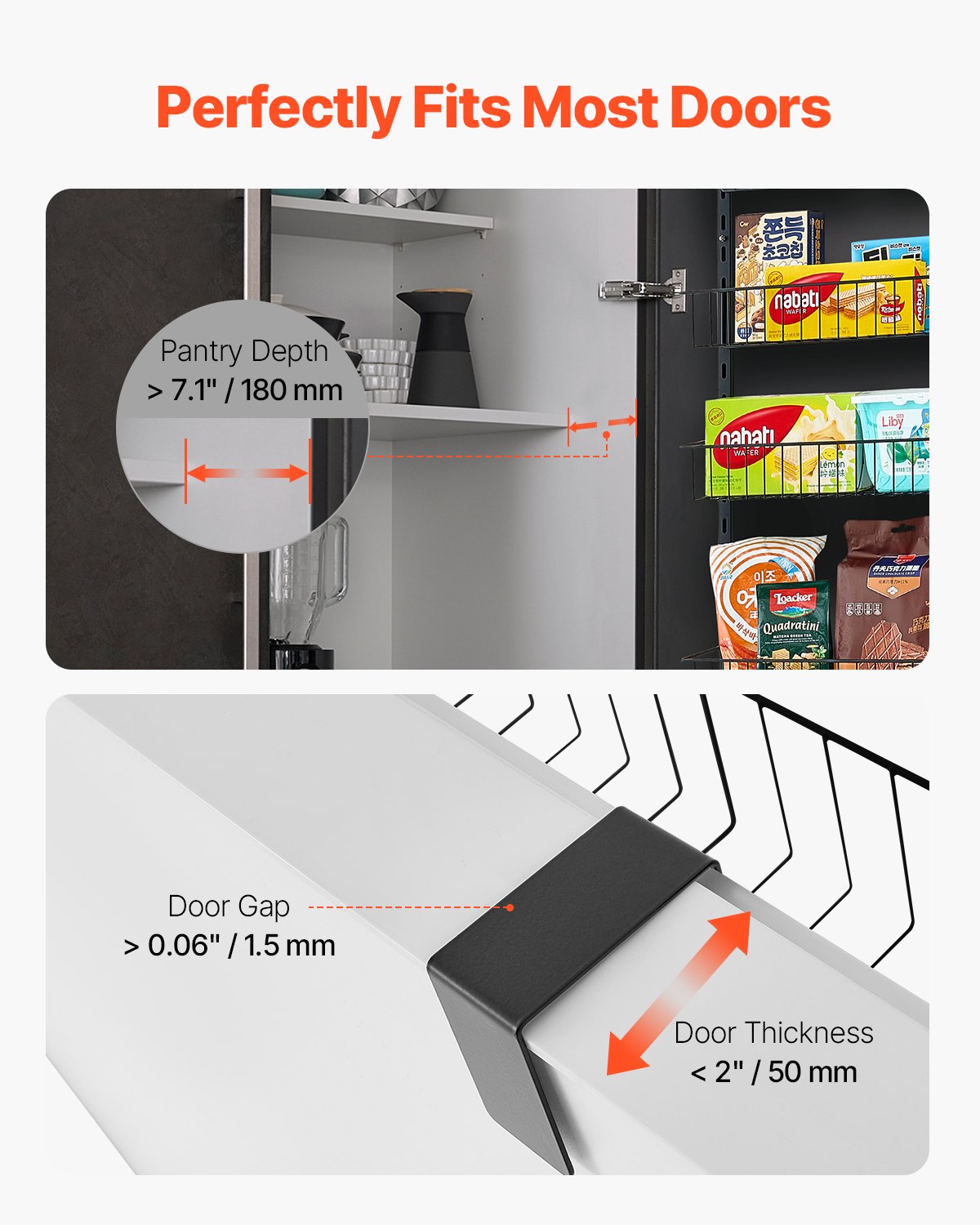 Black 9-tier over-door pantry organizer with adjustable wire baskets, shown fitting a standard door.