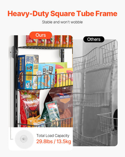 Black heavy-duty 9-tier over-door pantry organizer with square tube frame, holding snacks and cans.