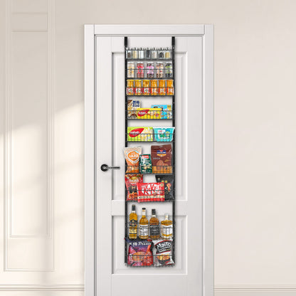 Black 9-tier heavy-duty over-door organizer filled with various pantry items on a white door.