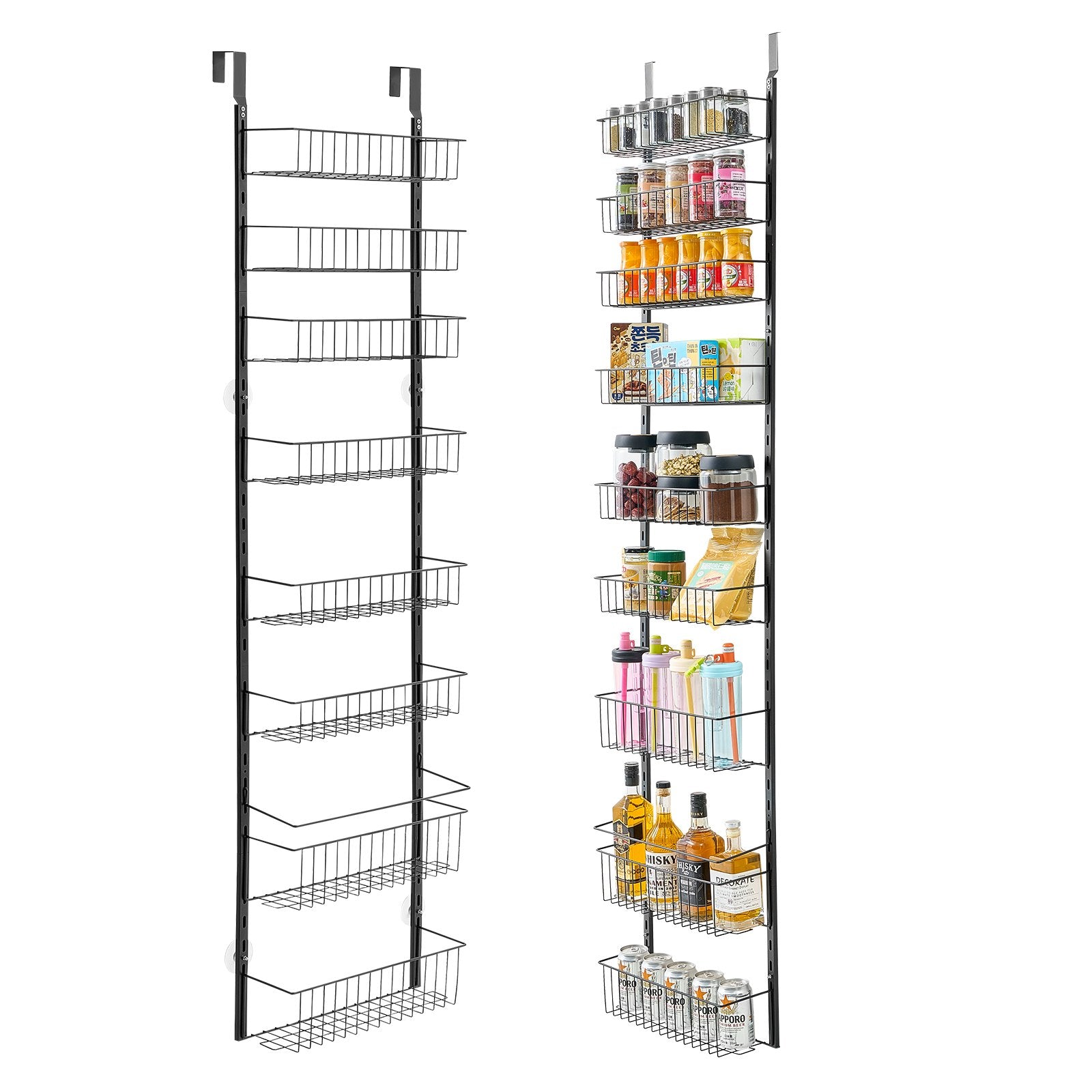 Black 9-tier heavy-duty over-door wire pantry organizer, shown empty and filled with food and drinks.