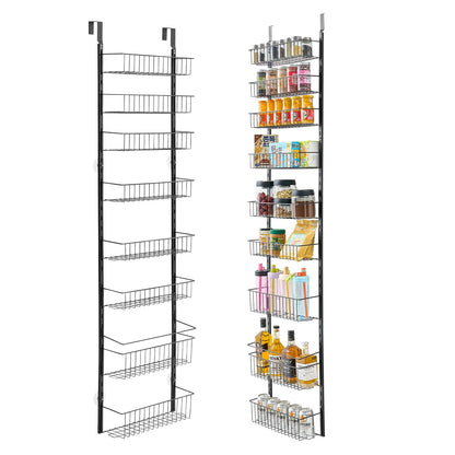 Black 9-tier heavy-duty over-door wire pantry organizer, shown empty and filled with food and drinks.