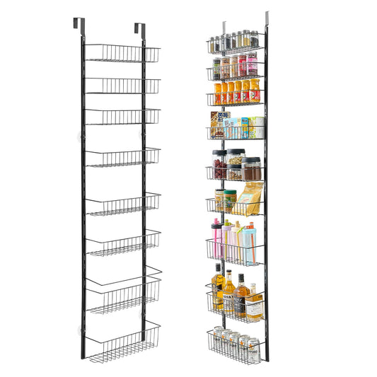 Black 9-tier heavy-duty over-door wire pantry organizer, shown empty and filled with food and drinks.