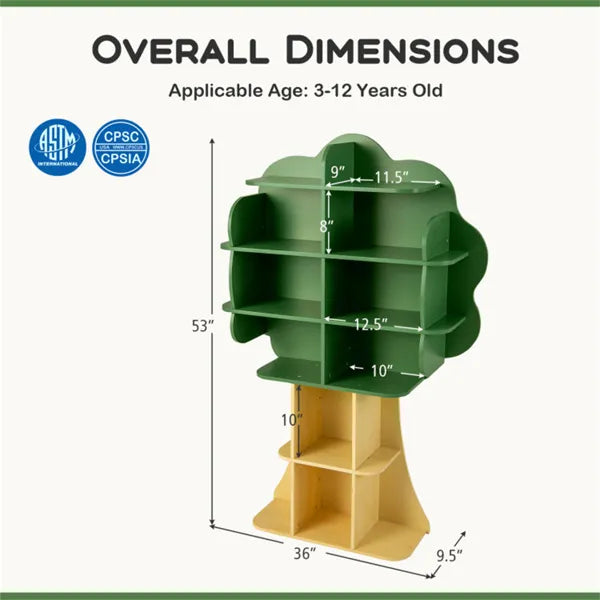 Sage green tree-shaped children's multi-tier bookcase with open storage shelves and natural wood base.