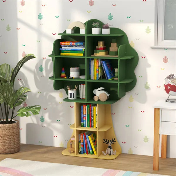 Sage green multi-tier tree-shaped children's bookcase with open shelves for books and toys.