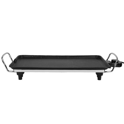 Large black non-stick electric indoor/outdoor barbecue grill with chrome handles and temperature control.